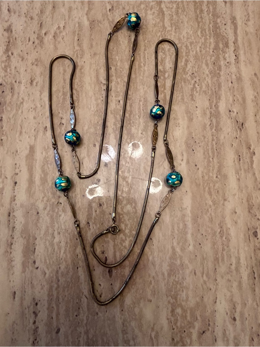 Vintage Murano Venetian Art Glass Foil Bead Snake Chain Long Necklace